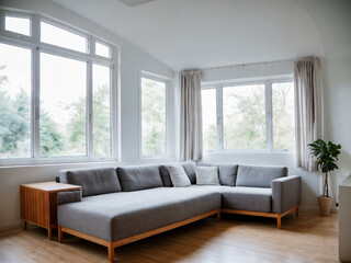 Fototapeta premium Modern penthouse apartment with big windows and couch, minimalistic, in city