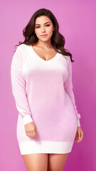 Obraz na płótnie Canvas Beauty curve plus size woman in a white sweater on a pink background.Digital creative designer art.AI illustration