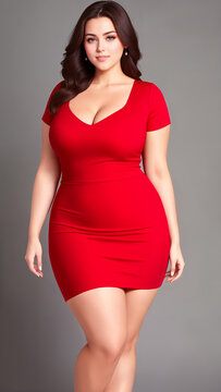 Beauty curve plus size woman in a red mini dress on a gray background.Digital creative designer art.AI illustration