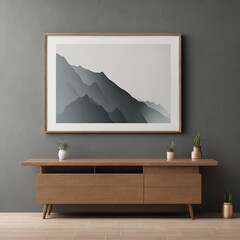 Mockup frame on cabinet in living room interior on empty dark wall background