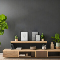 Mockup frame on cabinet in living room interior on empty dark wall background
