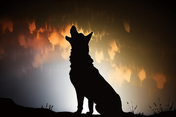 Fototapeta premium Howling wolf silhouette. Black dog howling. Generative AI.