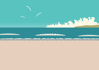 Fototapeta na wymiar 白い雲と波の海辺の背景　夏の砂浜