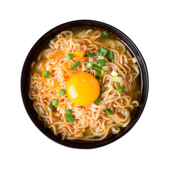 Asian instant noodle soup with fresh egg yolk in bowl