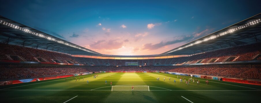 Soccer or Football stadium with green field background. Generative AI