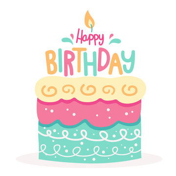 birthday cake cartoon drawing, colorful bakery illustration on white background.
