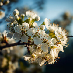 a cluster of white pear blossoms against a clear blue sky. Generative AI	