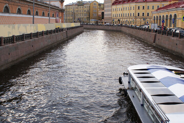 Pleasure boat sailing on the river, river channels, walks for tourists, Vacation.