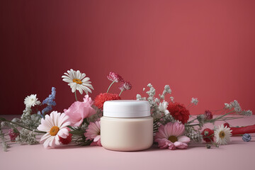 Spa skin care concept with hand cream in jar on gradient background and flower decoration