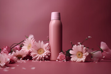 Cosmetic mock up clean spray bottle packaging with flowers and pink gradient background
