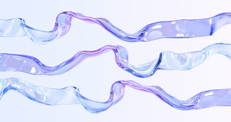 Glass ribbons wave lines on abstract geometric background 3d render. Iridescent transparent curved shapes, flow of liquid water with holographic gradient texture, graphic elements. 3D illustration