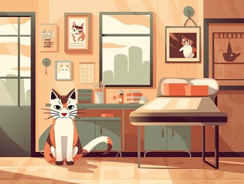 Generative AI illustration of adorable white fluffy cartoon cat sitting on floor in modern light vet clinic and looking at camera