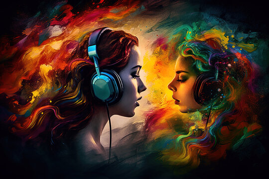 Picture painted with young women wearing headphones and listening to music. World Music Day concept