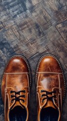 Close up of pair of brown leather mens shoes, copy paste background. AI generated