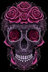 ai-generated illustration of a skull and pink roses intertwined