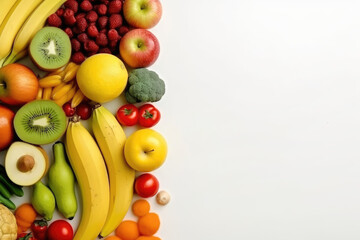 Assorted healthy food with fruit and vegetable on white background with copy space, Generative AI