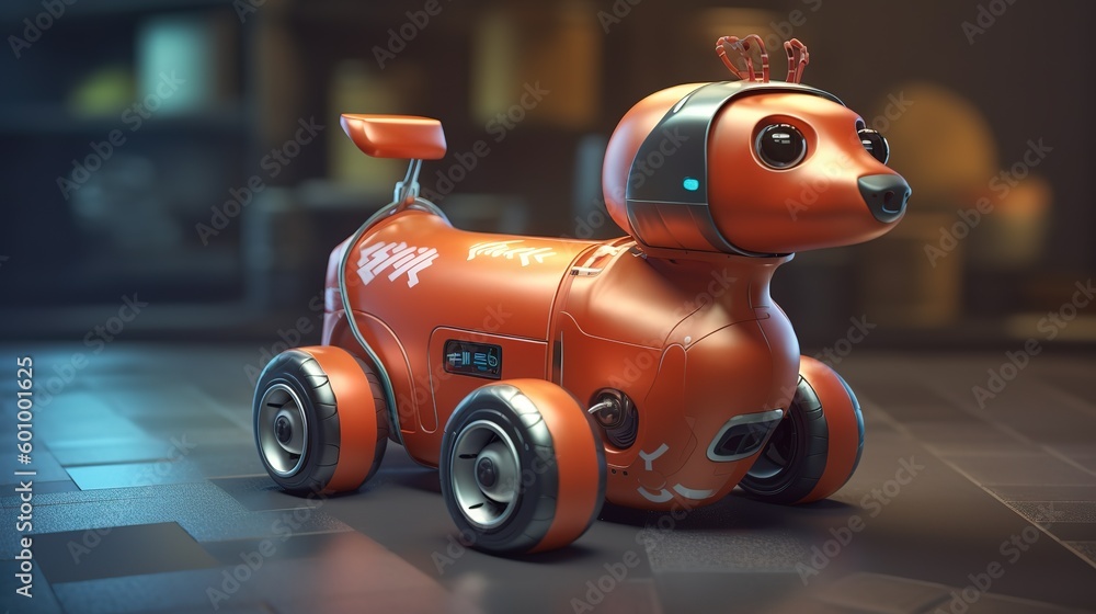 Poster a robot dog is in a robot factory.futuristic technologies of the future. generative ai