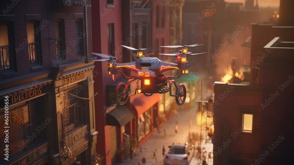 Poster Delivery drone in warehouse. Futuristic technologies of the future. Generative AI