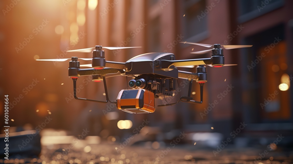 Poster delivery drone in warehouse. futuristic technologies of the future. generative ai