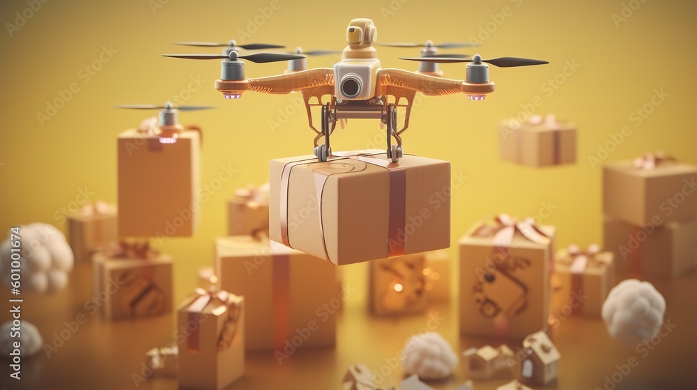 Poster delivery drone in warehouse. futuristic technologies of the future. generative ai