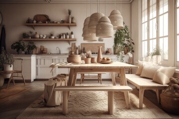 Cozy boho style kitchen with wooden furniture, wicker decor elements, natural materials, eco space Generative AI