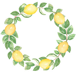 Hand drawn round frame of watercolor lemon. Watercolor illustration wreath of lemon and leaves. Can be used as a greeting card for background, birthday, mother's day,etc..