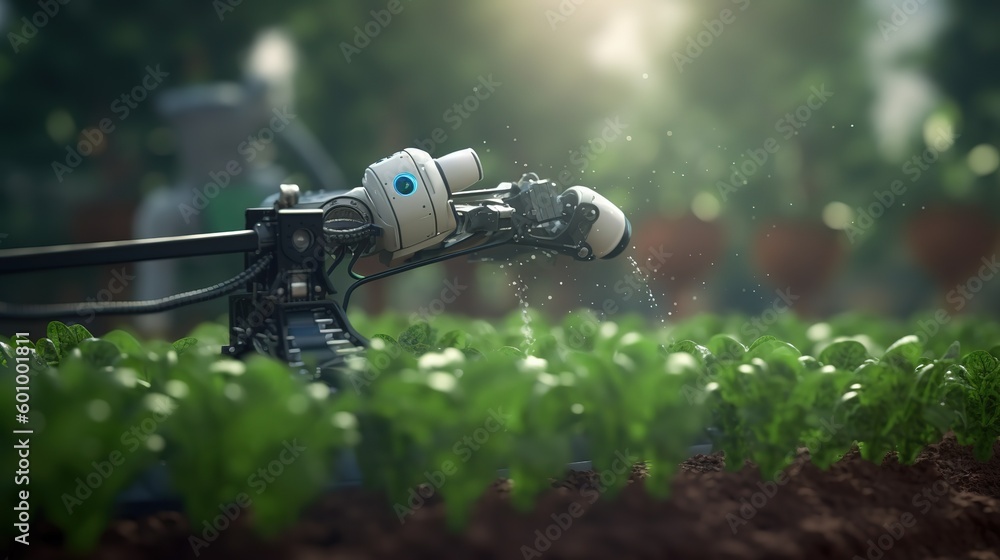Poster smart robotic farmers concept, robot farmers. futuristic technologies of the future. generative ai