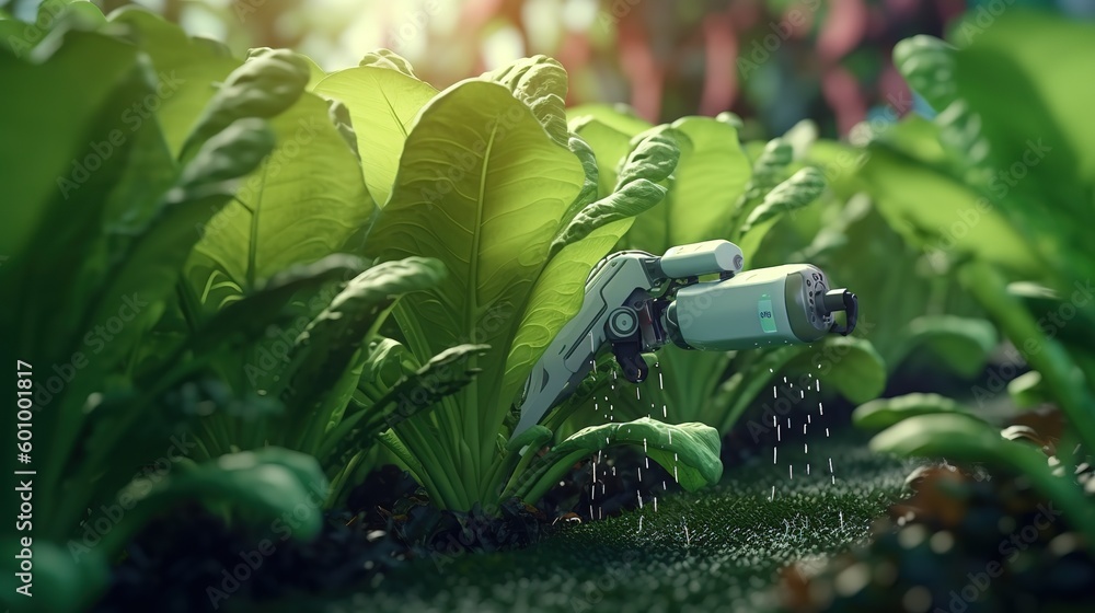 Poster smart robotic farmers concept, robot farmers. futuristic technologies of the future. generative ai