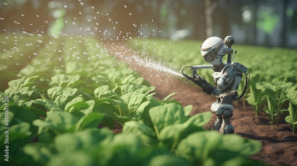 Poster smart robotic farmers concept, robot farmers. futuristic technologies of the future. generative ai