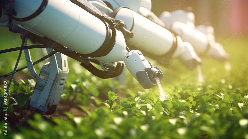 Poster smart robotic farmers concept, robot farmers. futuristic technologies of the future. generative ai