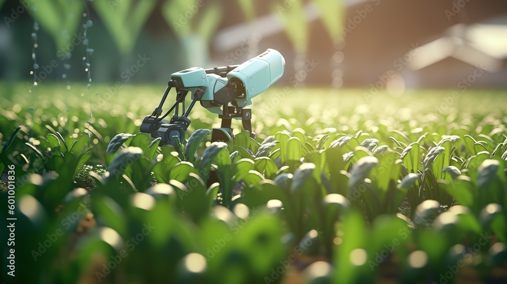 Poster smart robotic farmers concept, robot farmers. futuristic technologies of the future. generative ai