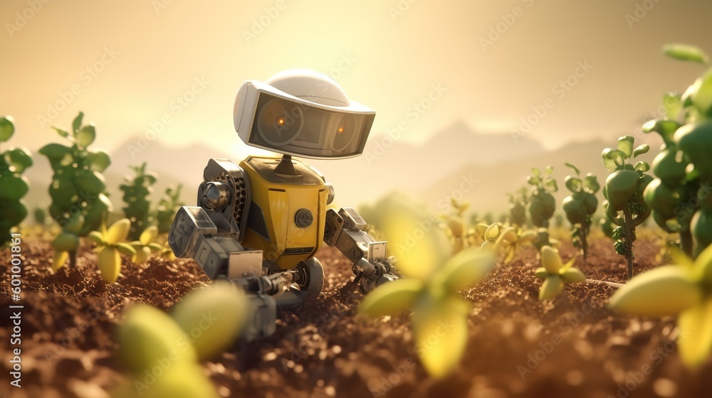 Poster smart robotic farmers concept, robot farmers. futuristic technologies of the future. generative ai