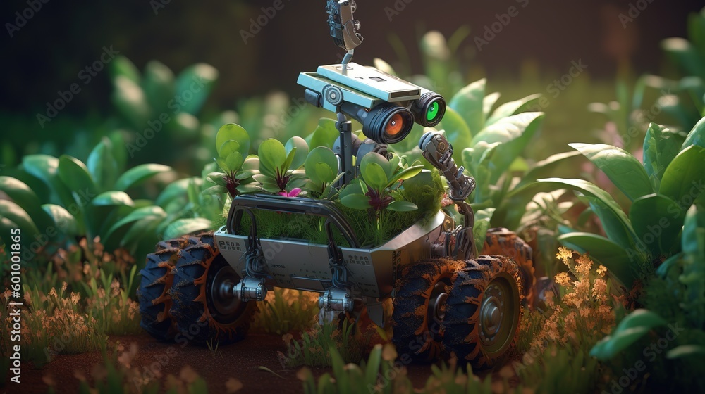 Poster smart robotic farmers concept, robot farmers. futuristic technologies of the future. generative ai