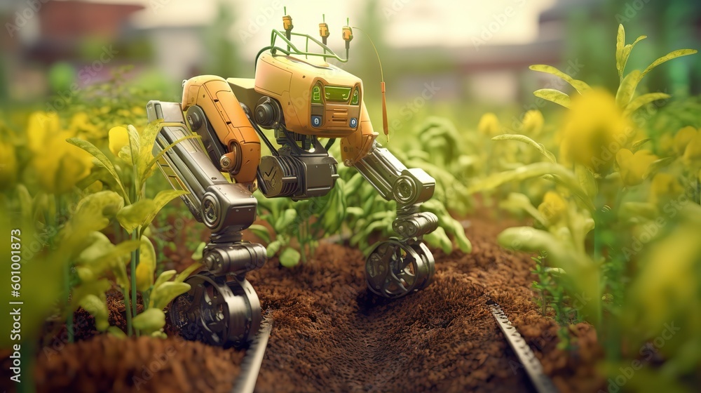 Poster smart robotic farmers concept, robot farmers. futuristic technologies of the future. generative ai