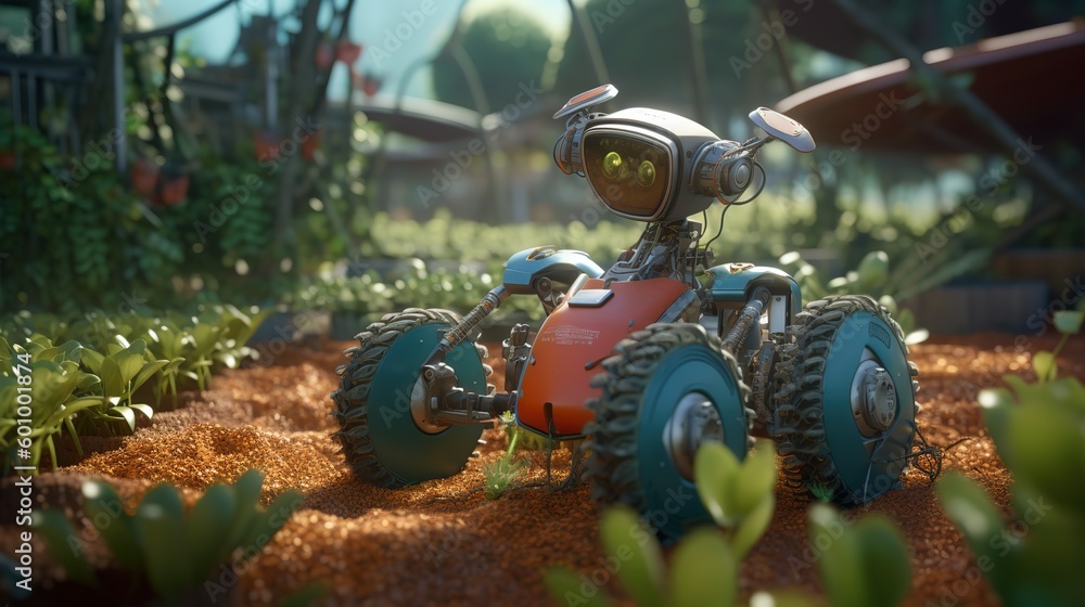 Poster smart robotic farmers concept, robot farmers. futuristic technologies of the future. generative ai