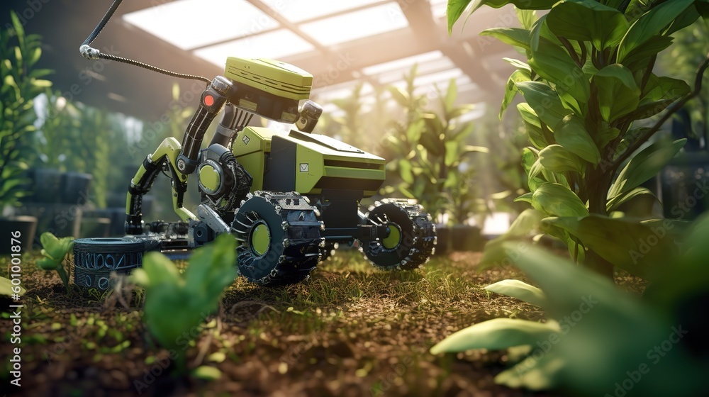 Poster smart robotic farmers concept, robot farmers. futuristic technologies of the future. generative ai