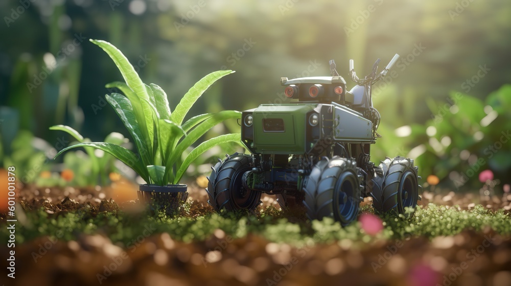Poster smart robotic farmers concept, robot farmers. futuristic technologies of the future. generative ai