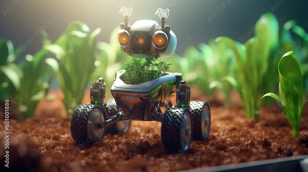 Poster smart robotic farmers concept, robot farmers. futuristic technologies of the future. generative ai