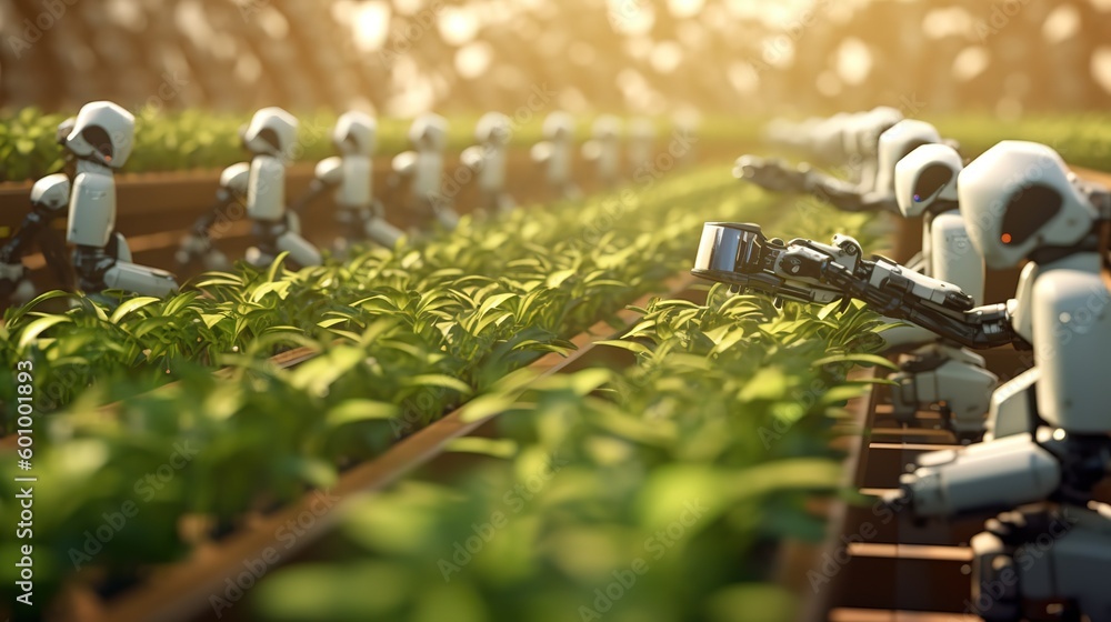 Poster smart robotic farmers concept, robot farmers. futuristic technologies of the future. generative ai