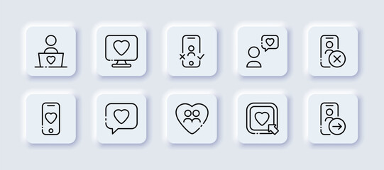 Meet. Neomorphism, black, ways to meet. Vector icons.