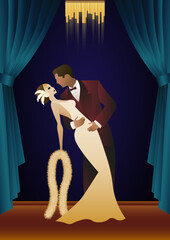 man and woman dancing against wallpaper and curtains, party, art deco, couple dressed in retro style