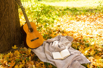 Autumn background with books, guitar and plaid