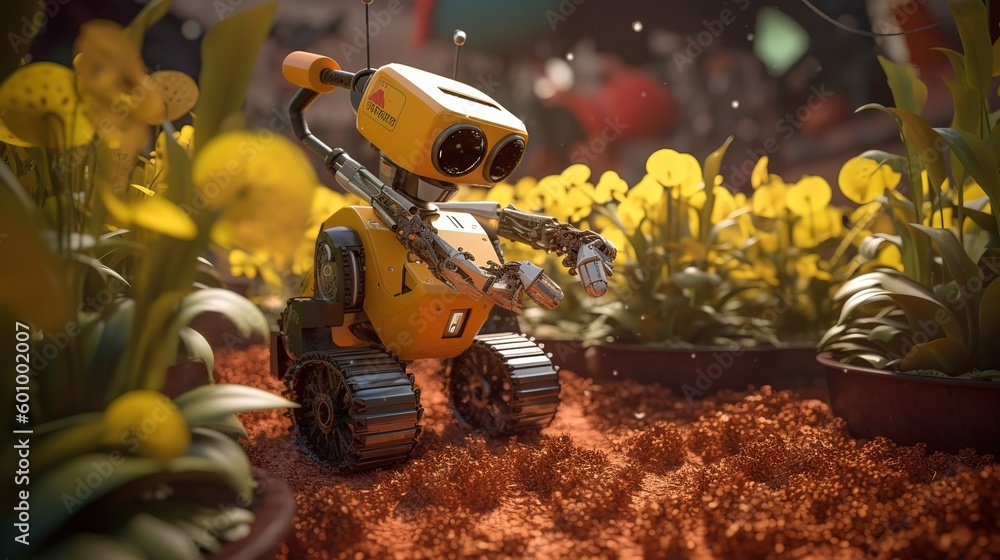 Poster smart robotic farmers concept, robot farmers. futuristic technologies of the future. generative ai
