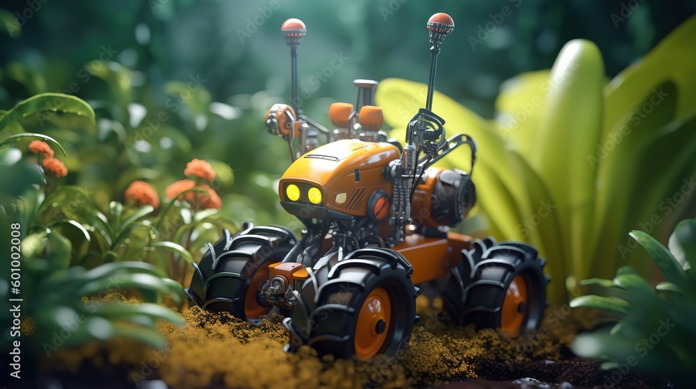 Poster smart robotic farmers concept, robot farmers. futuristic technologies of the future. generative ai