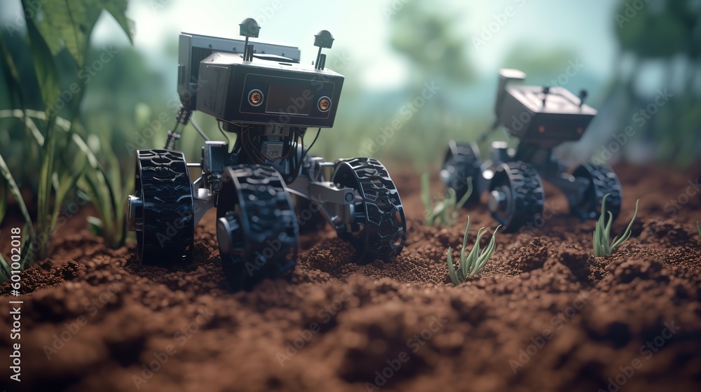 Aufkleber smart robotic farmers concept, robot farmers. futuristic technologies of the future. generative ai