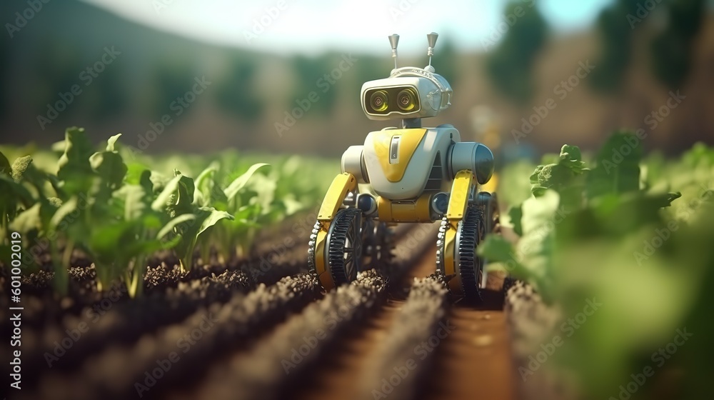 Poster smart robotic farmers concept, robot farmers. futuristic technologies of the future. generative ai