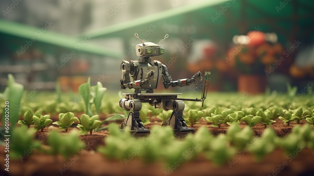 Poster smart robotic farmers concept, robot farmers. futuristic technologies of the future. generative ai
