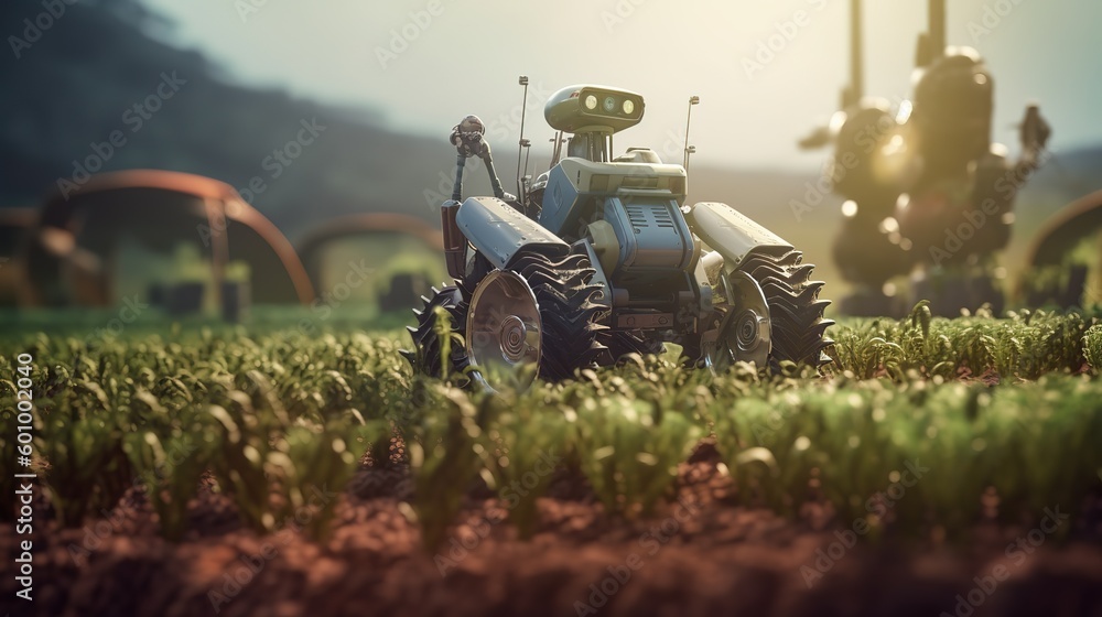 Poster smart robotic farmers concept, robot farmers. futuristic technologies of the future. generative ai