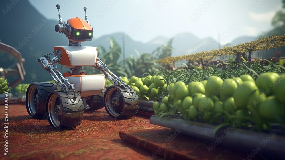 Poster smart robotic farmers concept, robot farmers. futuristic technologies of the future. generative ai