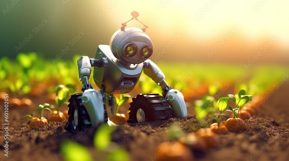 Poster smart robotic farmers concept, robot farmers. futuristic technologies of the future. generative ai